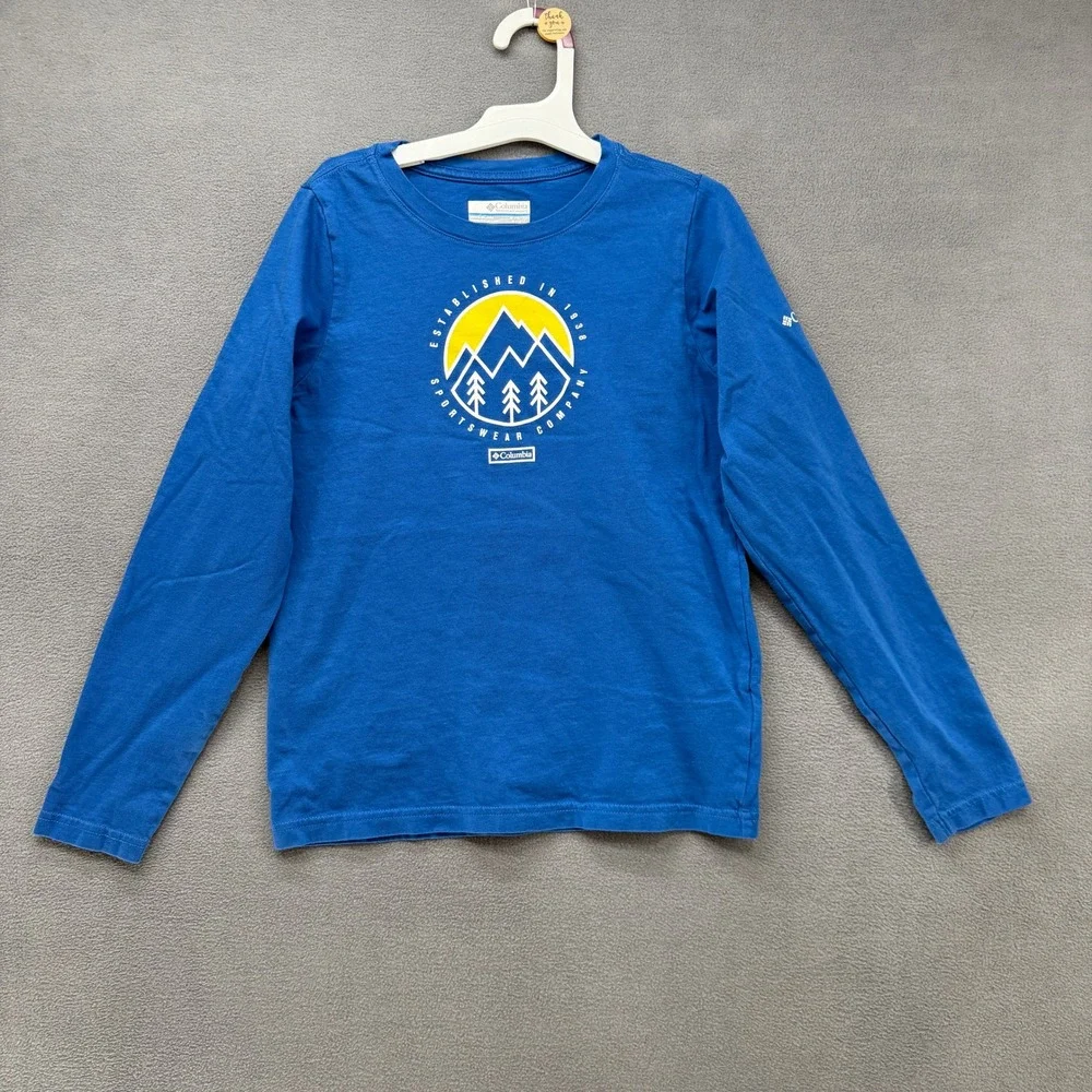 Columbia T-Shirt Size M 10/12 Kids Blue Mountain Graphic Long Sleeve